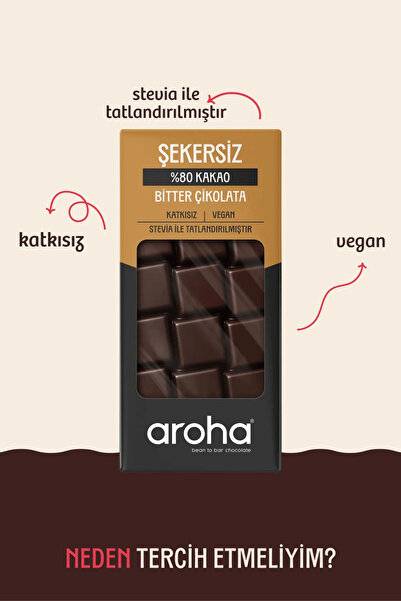 AROHA %80 Kakao Şekersiz Bitter Çikolata Stevialı 2'li Paket (80 G X 2 Adet)