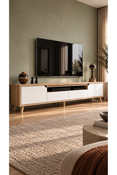 VM VERTEX MOBİLYA Legno Premium 180cm Modern Tv Ünitesi Safir Meşe-Beyaz
