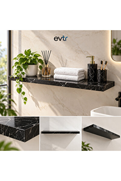 EVİMİST Lüks Siyah Mermer Desenli Duvar Rafı | 18x170x500 mm | Premium Parlak...