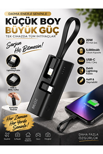 5000mah Taşınabilir 20W PD Hızlı Şarj Powerbank Dahili Lightning Kablolu Type-C Çıkışlı