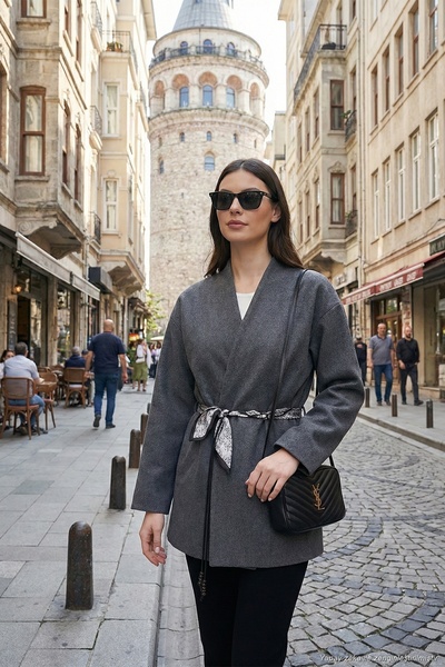 Lela Regular Fit Double Breasted Collar Scarf Belted Blazer Jacket Women's Ja...