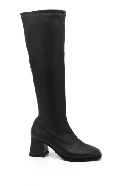 GÖNDERİ(R) Women's Black Leather-Look Zippered Thick Heeled Stretch Boots