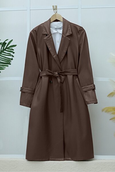 Modamorfo Belted Leather Trench Coat with Side Pockets -Brown