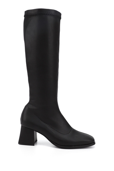 GÖNDERİ(R) Women's Black Zippered Blunt Toe Thick Heeled Stretch Boots