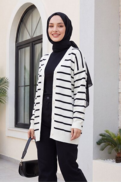 Modamorfo Striped Buttoned V-Neck Knitwear Cardigan -Ecru