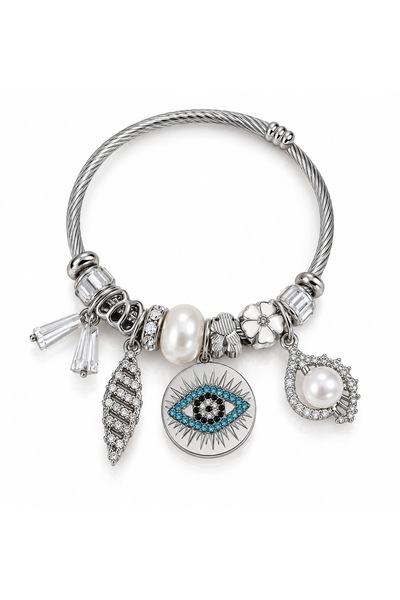 FIERA JEWELRY Silver Color Pearl Eye Detail Charml Adjustable Women's Bracelet