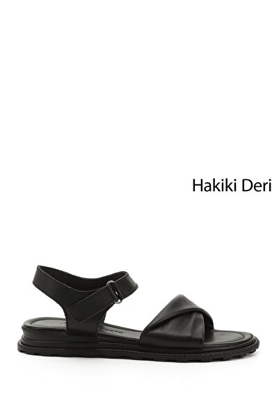 GÖNDERİ(R) Kadın Siyah Cırt Bantlı Hakiki Deri Sandalet