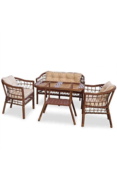 Alle Garden Mini Çay Seti 4 Kişilik AÇIK Örgü Rattan Balkon Takımı Masalı Bah...