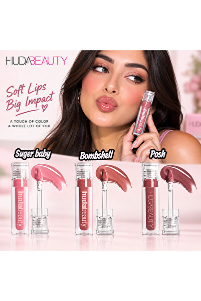Huda Beauty 3 مجموعات من ملمع الشفاه الاصطناعي فائق اللمعان BOMBSHELL، POSH، ...