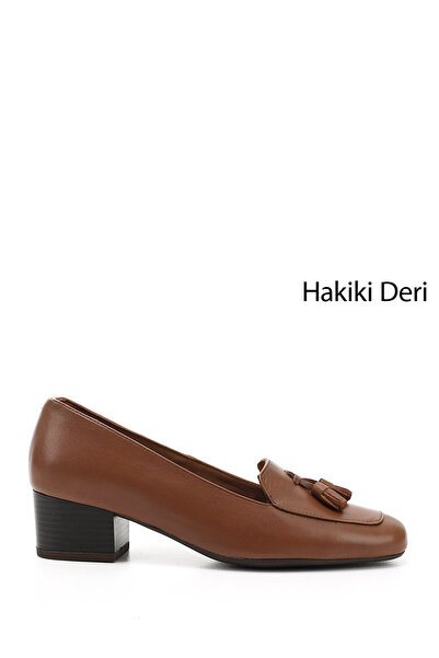 GÖNDERİ(R) Women/Girls Tan Antique Blunt Toe Short Thick Heeled Genuine Leath...