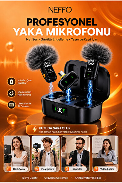 NEFFO Kablosuz Yaka Mikrofonu Type-C Şarjlı Gürültü Engellemeli Çift Mikrofon...