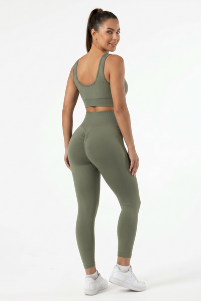 Womenmade Women's Khaki Green Color Seamless Sports Bustier and Push up Gathering Sports Leggings Set