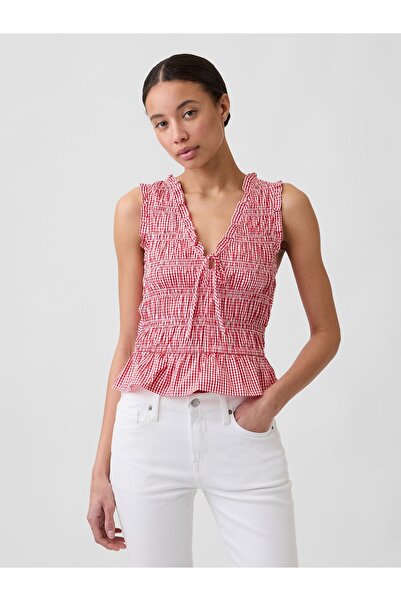 GAP Kadın Kırmızı Smocked Kolsuz Bluz