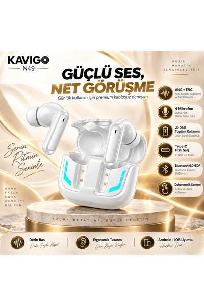 kawigo ANC ( Aktif Gürültü Engelleme ) Bluetooth Kulaklık 4 Mikrofonlu Bluetooth Kulaklık, Derin Bass, 35 Saat Kullanım, 40 Dakikada Hızlı Şarj