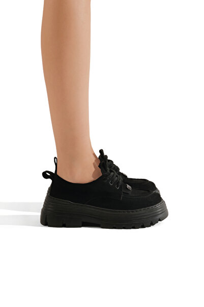 Tonny Black Γυναικεία μαύρα σουέτ άνετα παπούτσια loafer με χοντρή σόλα και κ...