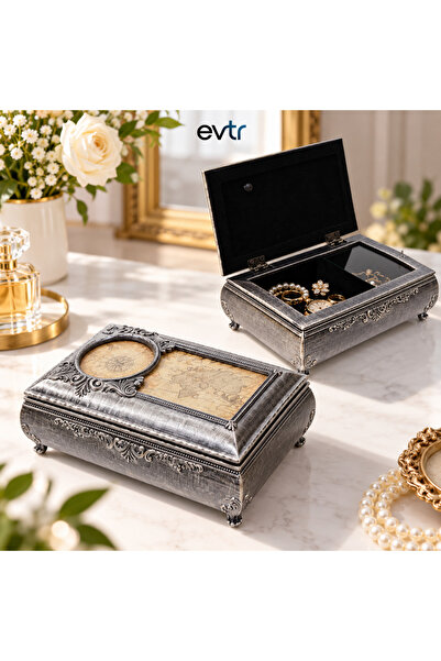 EVTR Eskitme Desenli Kurmalı Müzik Kutusu ve Takı Mücevher Kutusu, Çerçeveli ...