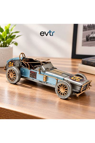 EVTR Dekoratif Metal Yarış Arabası Modeli Mavi No:54, El Yapımı Eskitme Vinta...