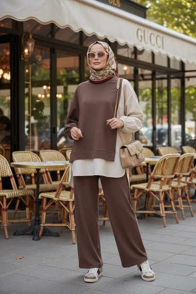 Aselim Hijap Moda Çizgili Gömlek Detaylı Tunikli İkili Takım | Cepli Bol Paça ve Tunikli Kahve