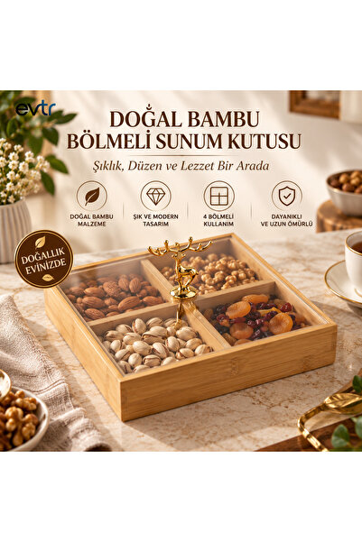 EVTR Dekoratif 4 Bölmeli Bambu Servis Sunumluk – Geyik Figürlü Tutacaklı, Mik...