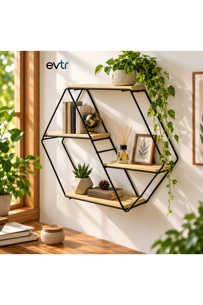 EVTR Petek Model 4 Katlı Ahşap Raflı Siyah Metal İskeletli Duvar ve Dekoratif...
