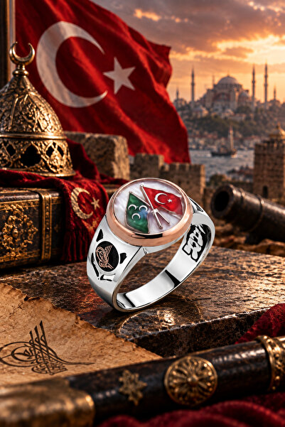 Siset Gümüş 925 Ayar Beyaz Mine Taşlı Osmanlı-Türk Bayraklı Erkek Gümüş Yüzük