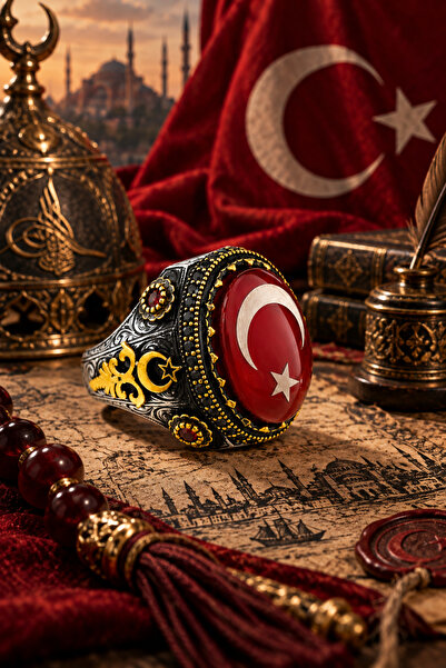 Siset Gümüş 925 Ayar Kırmızı Mine Üzerine Ayyıldız Erkek Gümüş Yüzük