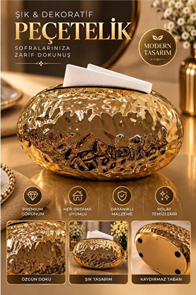 Kitchen Beauty Gold Plastik Darbeli Tasarım Peçetelik Dekoratif Modern Lüks Masa Üstü Organizer