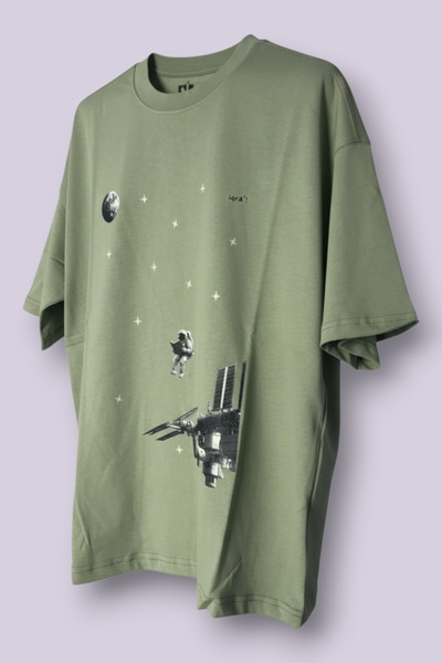 Oversize Tişört Astronot Uzay Baskılı Ribana Yakalı Unisex %100 Pamuk