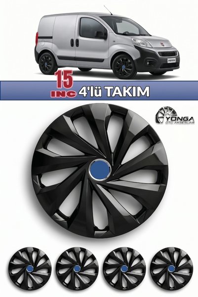 YONGA OTO AKSESUAR FİAT FİORİNO 15 İnç Jant Kapağı 4'lü Set Piano Black + 4 Amblem + 8 Cırt Kelepçe