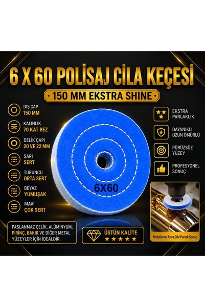 Torna Türk 6 X 60 X Delik 20 - 22 Mm Delik Mavi Polisaj Cila Bezleri - Polisa...