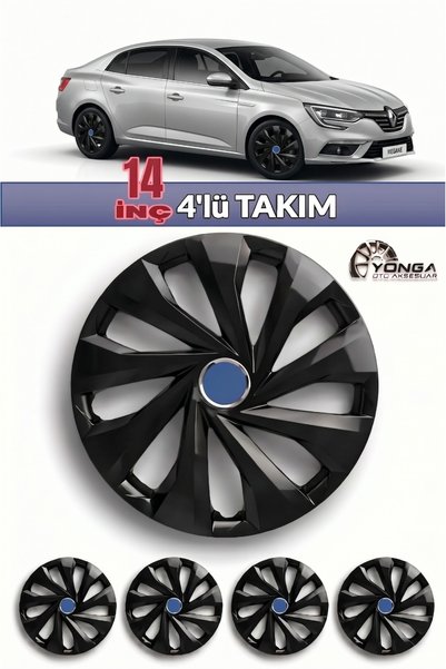YONGA OTO AKSESUAR RENAULT MEGANE Uyumlu 14 İnç Jant Kapağı 4 Adet Piano Blac...