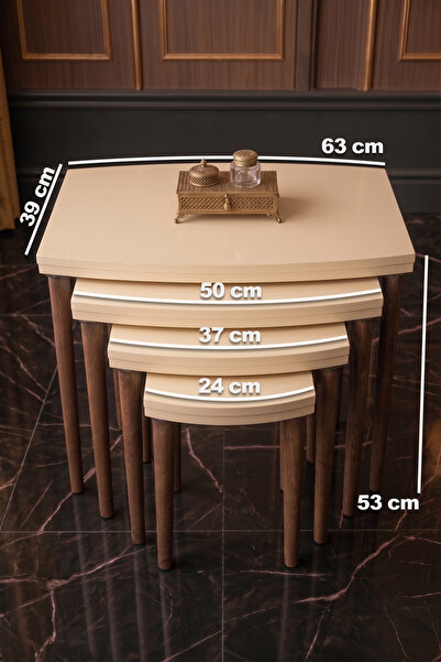 brahimigold Modern Tasarımlı MDF 4’lü Krem Zigon Sehpa Takımı – Ahşap Ayaklı, Dayanıklı Salon Yan Sehpa