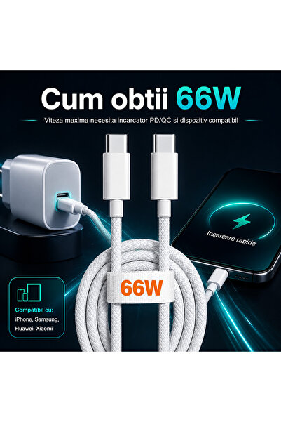 Timebox Cablu de date și încărcare rapidă 66W QC 3.0 Tip-C la USB-C 1m Alb
