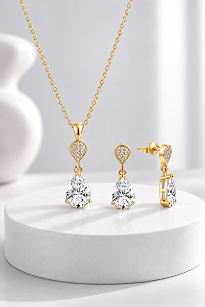 jelux silver 925 Ayar Gümüş  Zirkon Taşlı Pırlanta Montür Damla Rose İkili Set