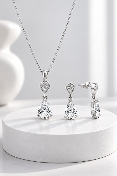 jelux silver Gümüş 925 Ayar Zirkon Taşlı Pırlanta Montür Damla İkili Set