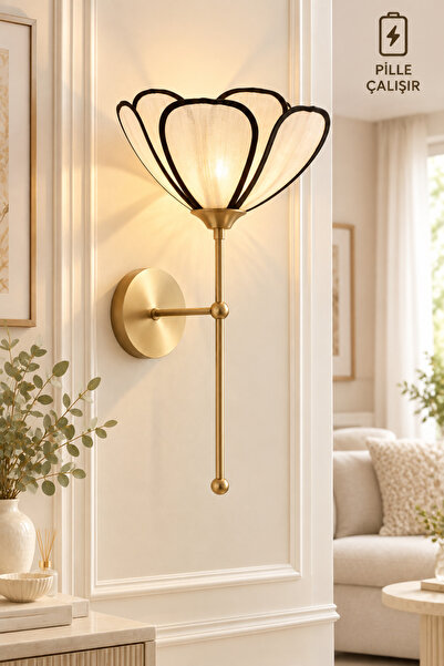burenze Modern Tasarım Rose Çiçek Lale Kablosuz Pilli Aplik Eskitme Gold Sarı...