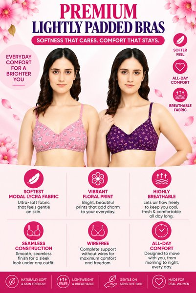 RAJNI Premium Women's Bra Floral B Cup Modal Lycra SuperSoft Breathable Seaml...