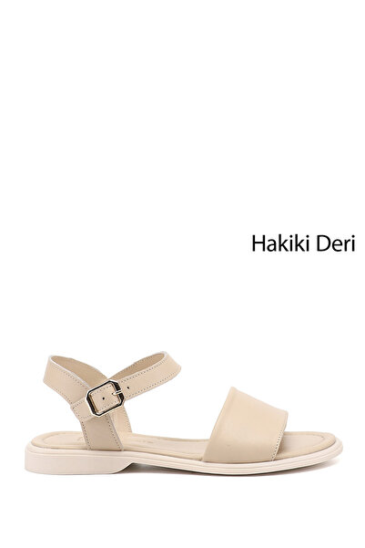 GÖNDERİ(R) Women's Beige Antique Ankle Strap Genuine Leather Sandals