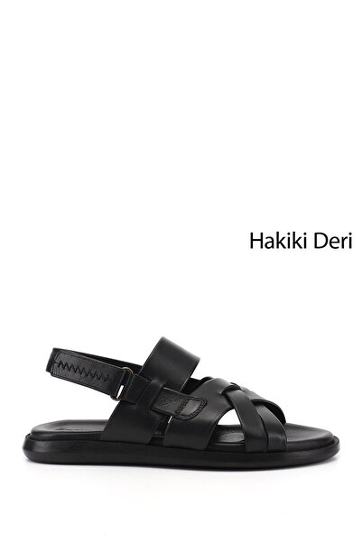 GÖNDERİ(R) Men's Black Adjustable Velcro Strap Genuine Leather Sandals