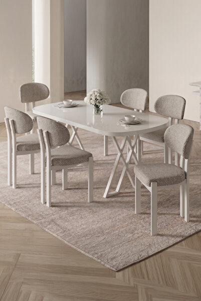 asaella mobilya Opss 90x168 Beyaz Mdf Masa, Metal X Ayak, Metal Sandalye, 6 K...