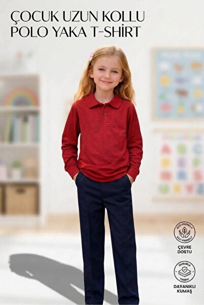 ERDEM KIDS Unisex Kız Erkek Çocuk Polo Yaka Pamuklu Uzun Kol Kırmızı Günlük B...
