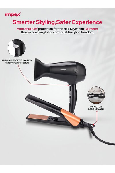 IMPEX Hair Dryer & Hair Straightener Combo | 2 Heat Settings | Auto Shut-Off | Swivel Cord