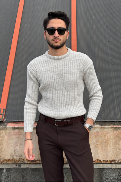 inpool Crew Neck, Winter-Spring, Striped, Textured, Basic Knit Sweater 25Pltk17
