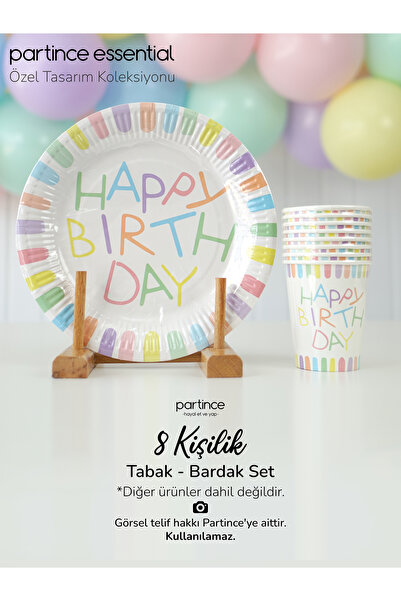 partince 8 Kişilik Makaron Happy Birthday Tema Tabak Bardak Set Kullan At Kar...