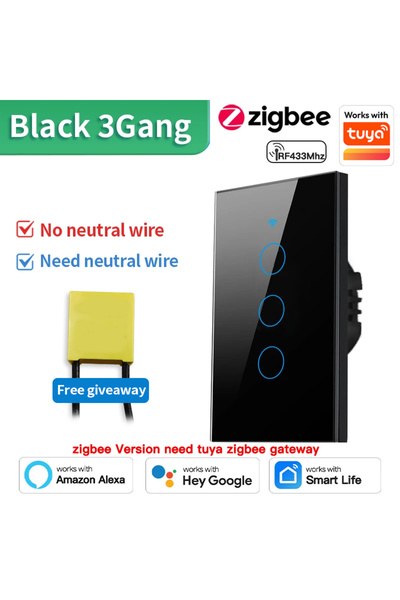 Choice8 TNCE Zigbee Black 3gang TNCE Tuya US WiFi or Zigbee Smart Wall Switch...