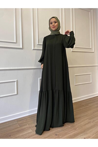 Berel Moda Balan Kol Eteği Fırfır Detaylı Krep Sena Ferace Haki Yeşil