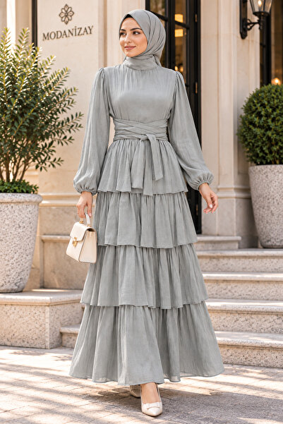 Sevitli Layered Detailed Belted Alina Hijab Evening Dress-Mint Green