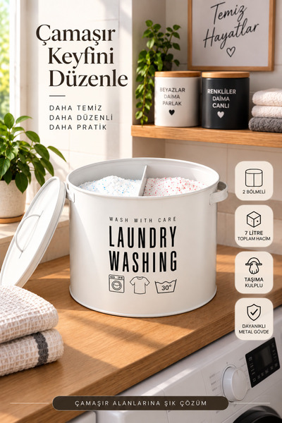 hemlife 2 Bölmeli Metal Deterjan Saklama Kabı 7 Litre – Renkliler ve Beyazlar İçin Çamaşır Deterjanı Kutusu