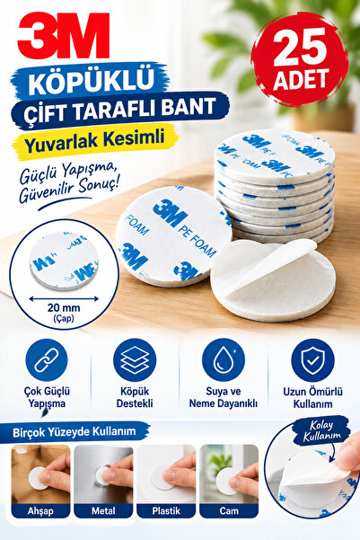 Dünya Magnet 25 Adet 3M Köpüklü Çift Taraflı Bant Yuvarlak 20mm Güçlü Yapışkanlı