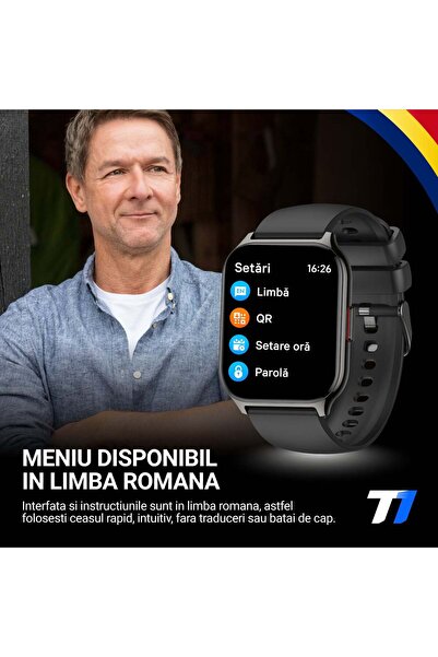 Techone Ceas Smartwatch Barbati Wand Pro, 2 inci, SUPER AMOLED, Inteligent, 2 curele, IP68, Negru